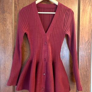 Ribbed Button-Front Peplum Cardigan Sweater - Burgundy